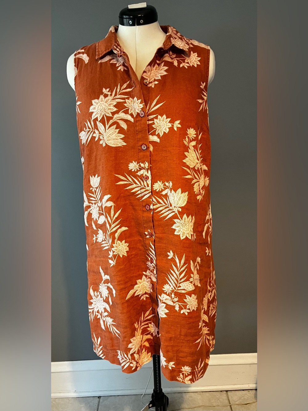 Garnet Hill Rust Orange Floral Sleeveless Button-Front Dress